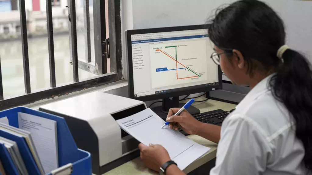 a Bangladeshi woman in her late 20s reviewing an IELTS online course workflow