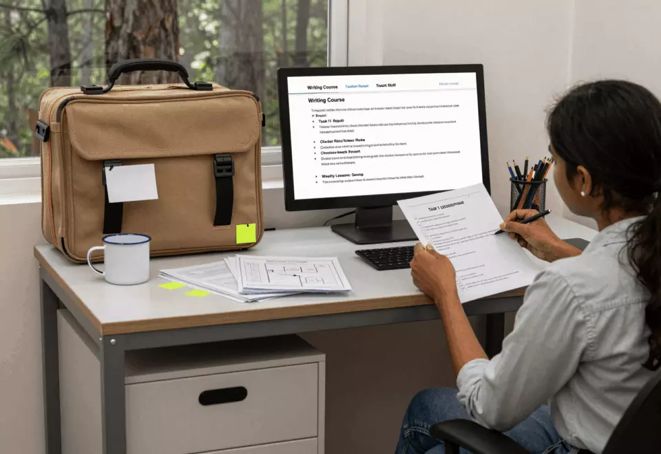 a Bangladeshi woman in her late 20s choosing the next IELTS prep step online