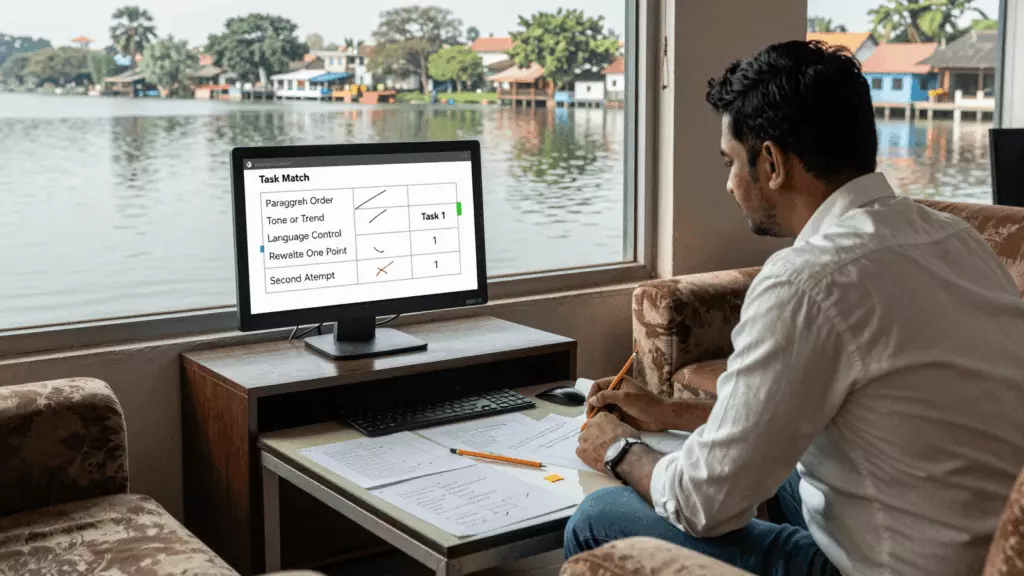 a Bangladeshi woman in her late 20s reviewing an IELTS online course workflow