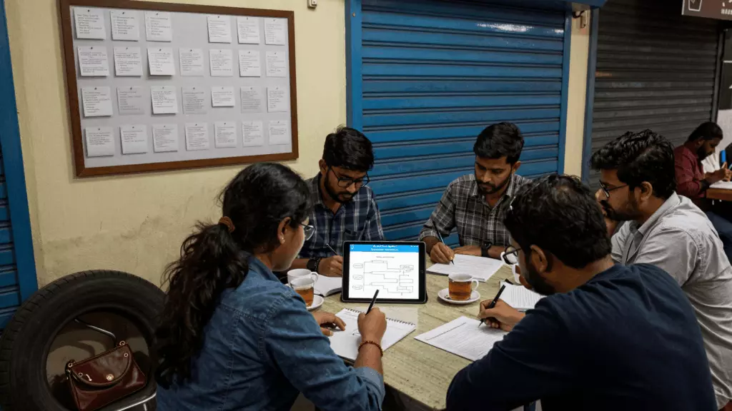 a Bangladeshi woman in her late 20s working through পরিকল্পনা