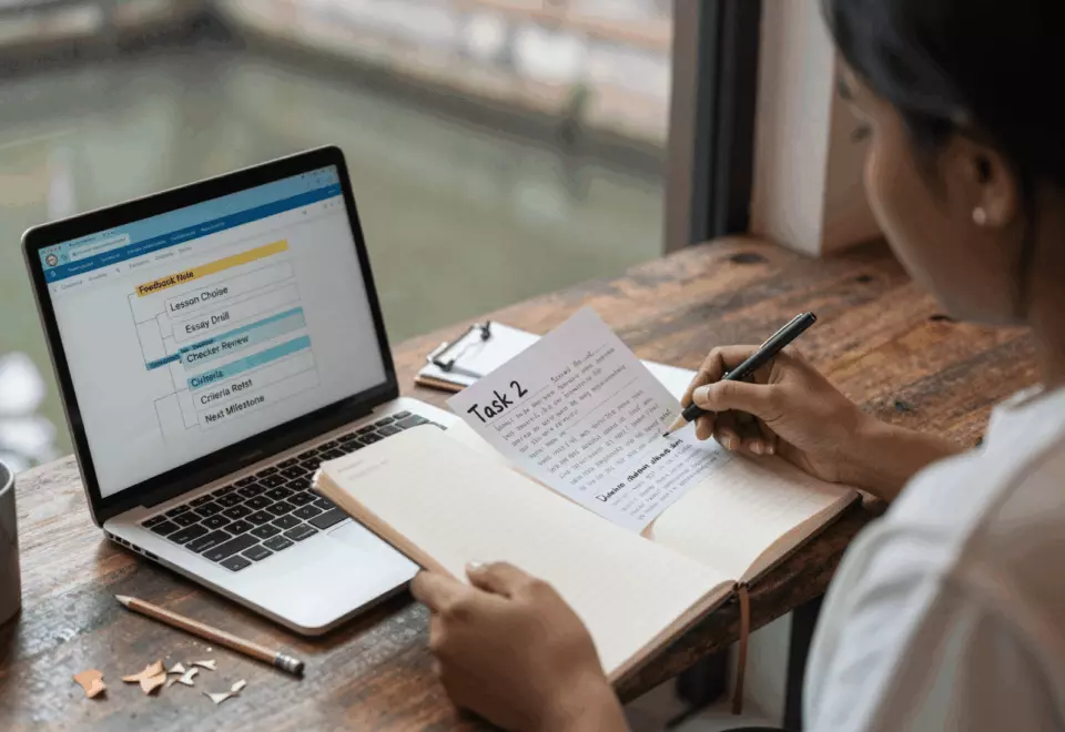 a Bangladeshi woman in her late 20s choosing the next IELTS prep step online