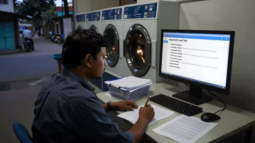 a Bangladeshi woman in her late 20s reviewing an IELTS online course workflow