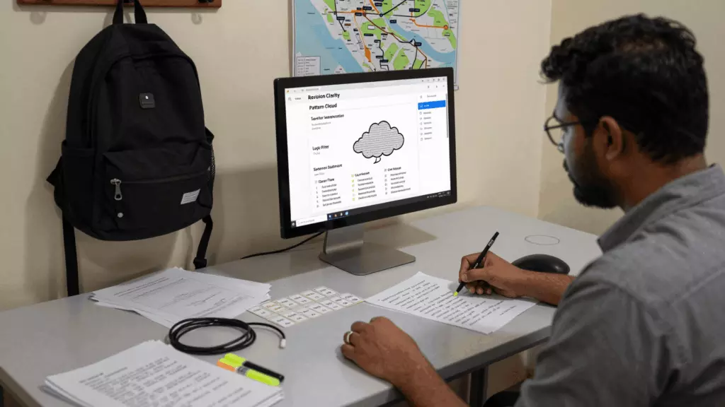 a Bangladeshi woman in her late 20s reviewing an IELTS online course workflow