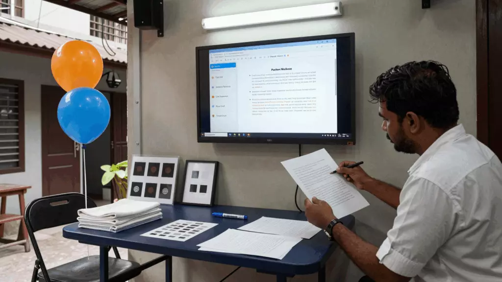 a Bangladeshi woman in her late 20s reviewing an IELTS online course workflow