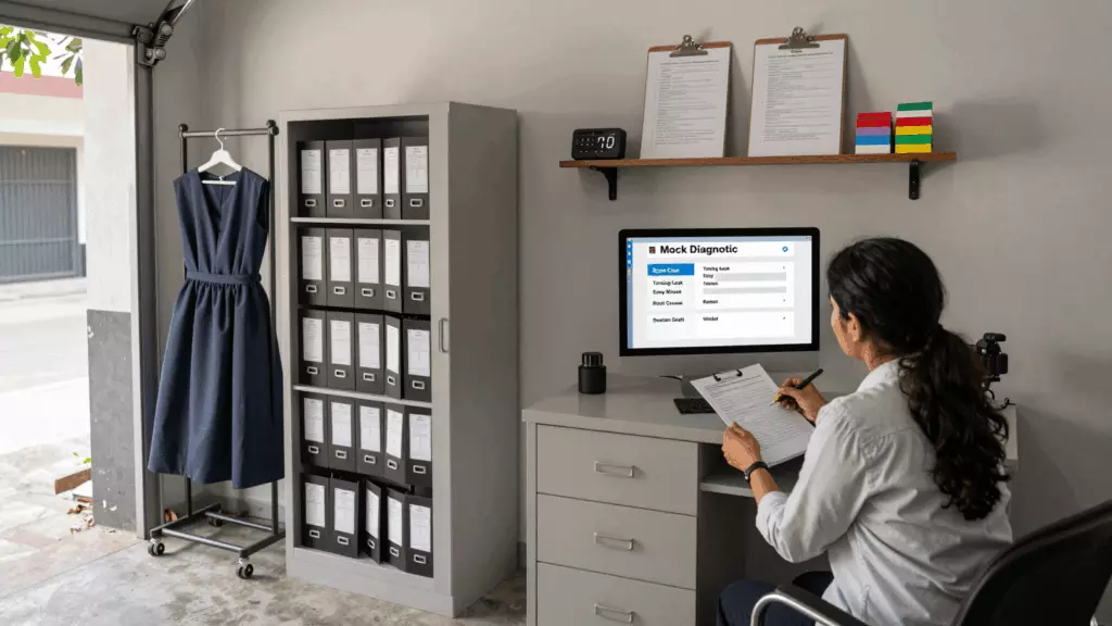 a Bangladeshi woman in her late 20s reviewing an IELTS online course workflow