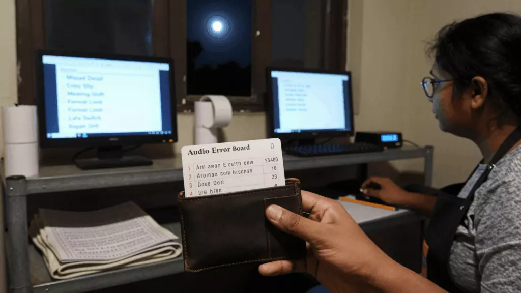 a Bangladeshi woman in her late 20s reviewing an IELTS online course workflow