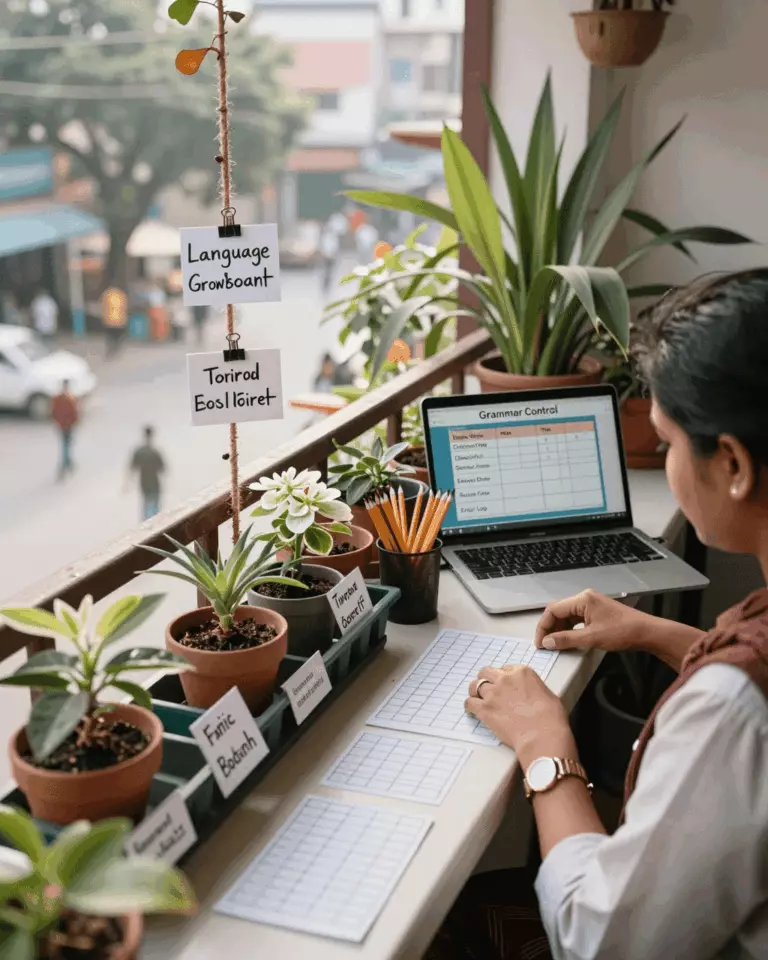 a Bangladeshi woman in her late 20s preparing online for একটি উচ্চ ব্যান্ডের জন্য IELTS ব্যাকরণ এবং শব্দভাণ্ডার: প্রথমে কী শিখতে হবে