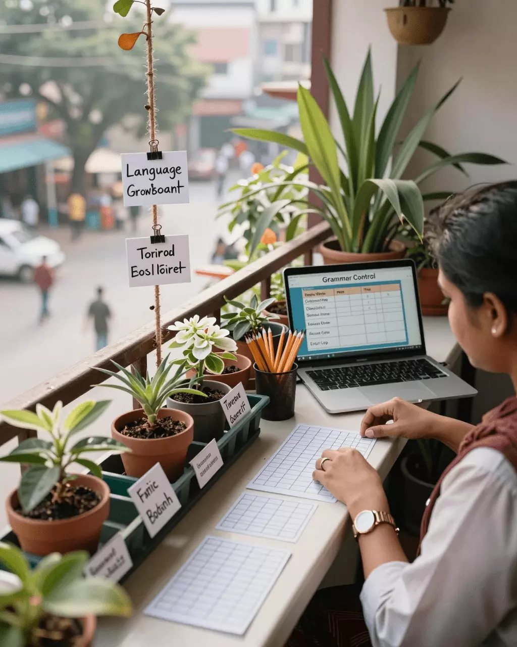 a Bangladeshi woman in her late 20s preparing online for একটি উচ্চ ব্যান্ডের জন্য IELTS ব্যাকরণ এবং শব্দভাণ্ডার: প্রথমে কী শিখতে হবে