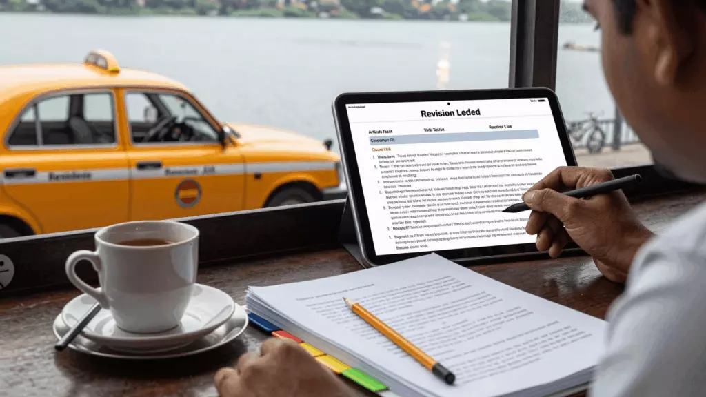 a Bangladeshi woman in her late 20s reviewing an IELTS online course workflow