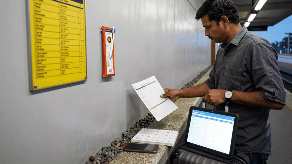 a Bangladeshi woman in her late 20s reviewing an IELTS online course workflow