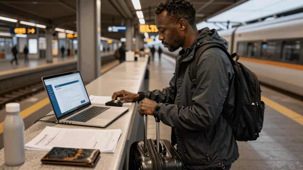 Adult IELTS learner following an online study plan at a laptop