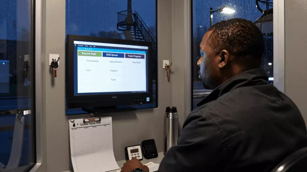 a Black man in his late 20s reviewing an IELTS online course workflow