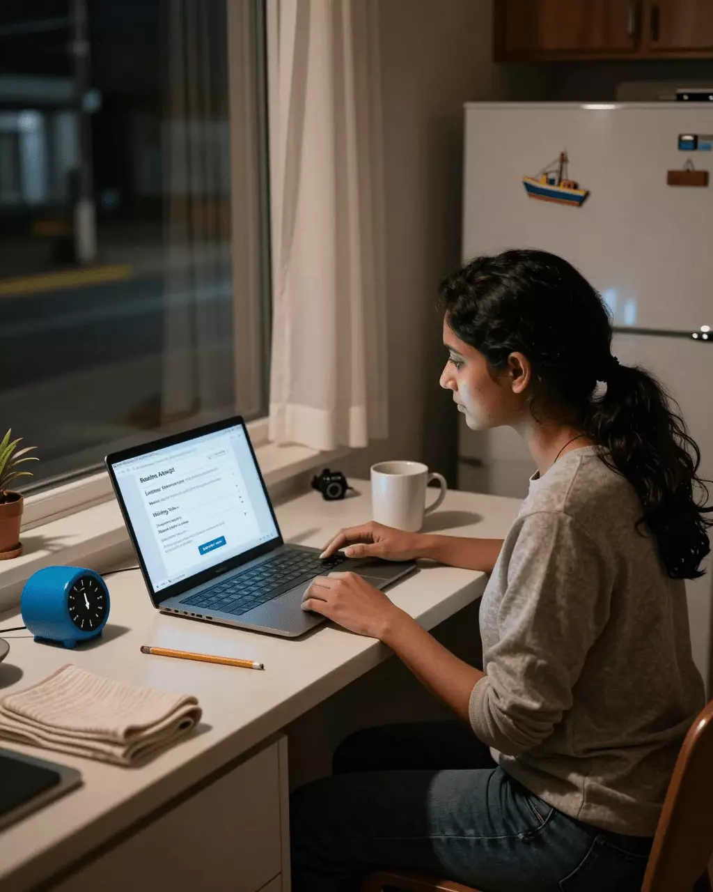 a South Asian woman in her late 20s preparing online for IELTS Practice Tests Online: Mock Tests, Scores, and Exam Readiness