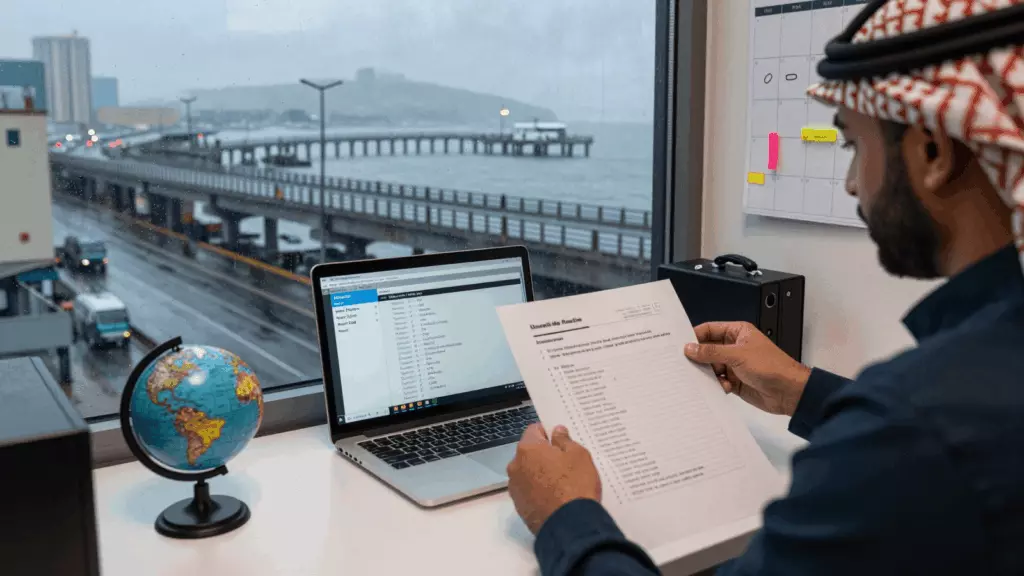 an Arab man in his early 30s reviewing an IELTS online course workflow