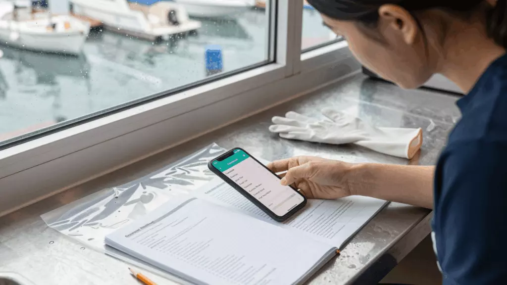 an East Asian woman in her late 20s working through Check