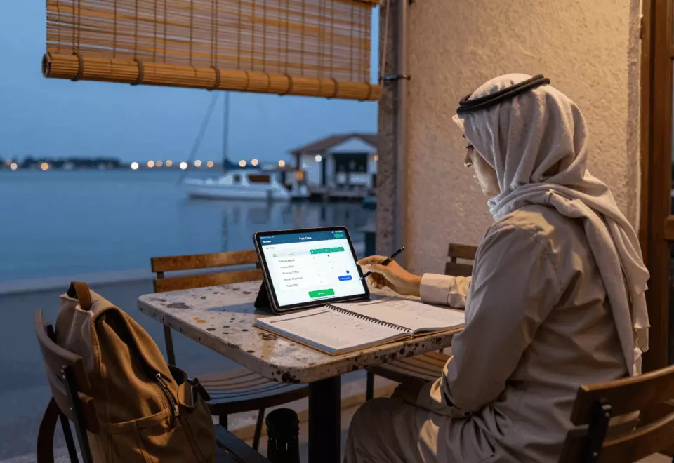 an Arab man in his early 30s choosing the next IELTS prep step online