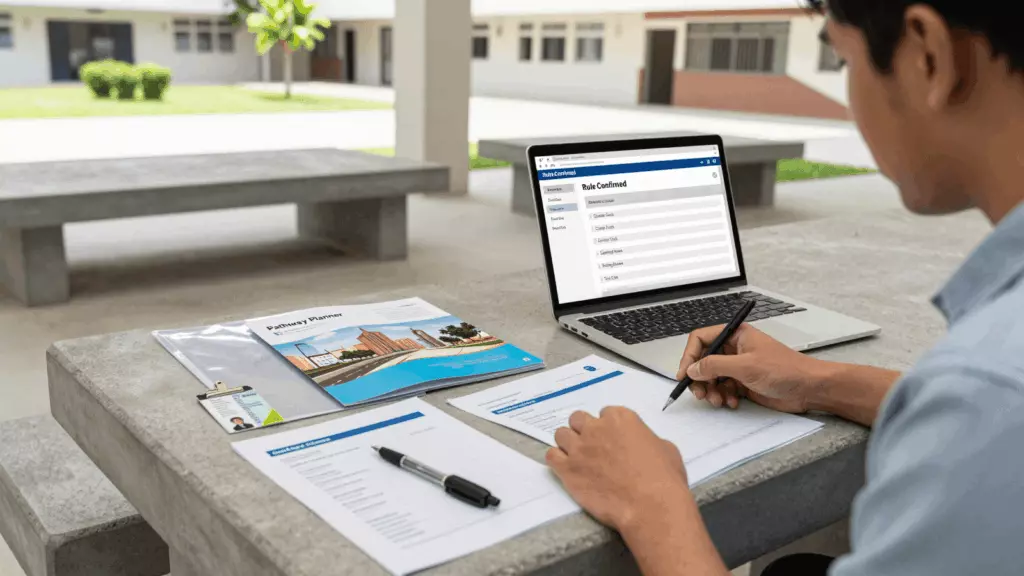 a Filipino woman in her late 20s reviewing an IELTS online course workflow