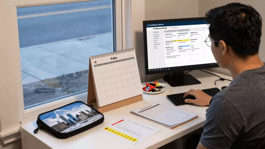 a Filipino woman in her late 20s planning for Canada reviewing an IELTS online course workflow