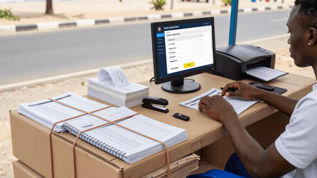 a Nigerian woman in her late 20s reviewing an IELTS online course workflow