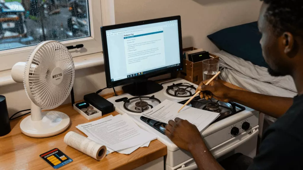 a Nigerian man in his late 20s planning for Canada reviewing an IELTS online course workflow