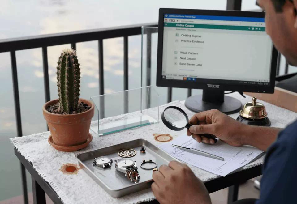a Nepali man in his late 20s choosing the next IELTS prep step online