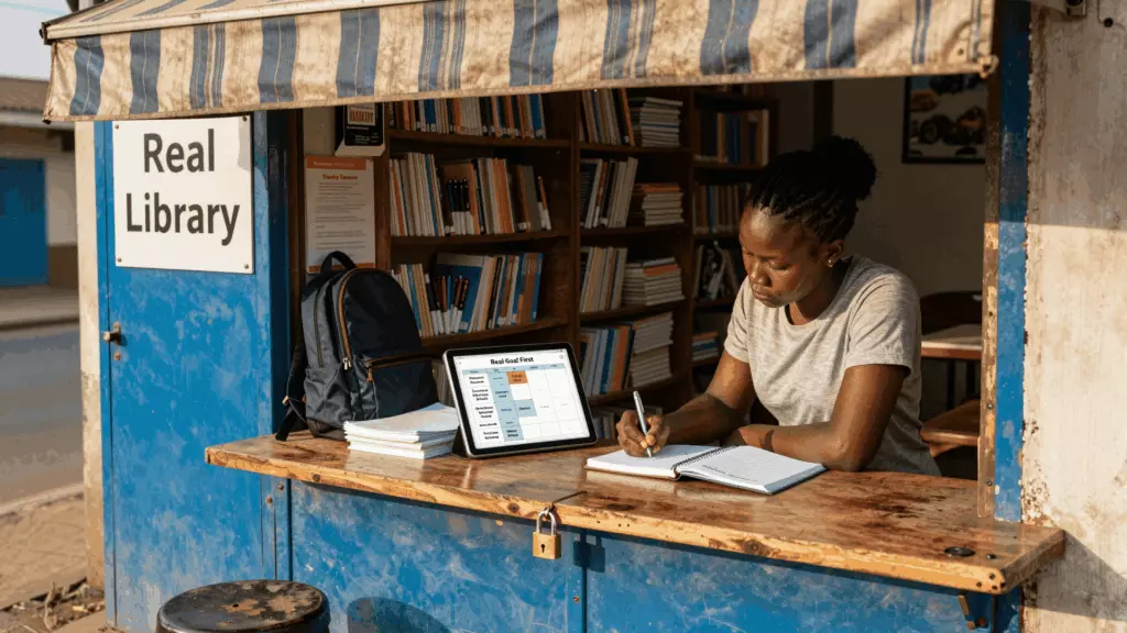 Ghanaian IELTS candidate studying online with notes and a laptop