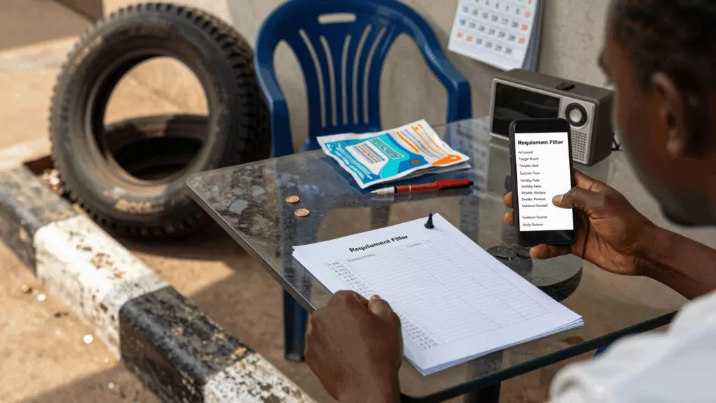 a Ghanaian woman in her late 20s working through Requirement
