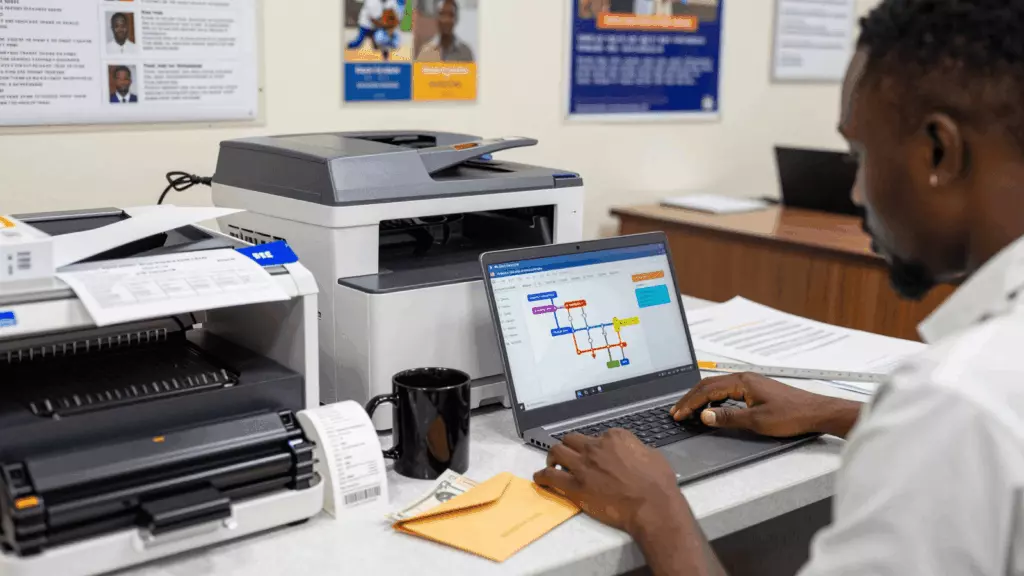 a Ghanaian woman in her late 20s reviewing an IELTS online course workflow