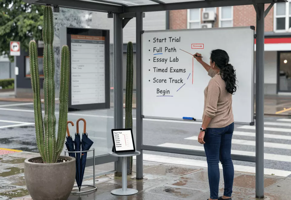 a South Asian woman in her late 20s choosing the next IELTS prep step online