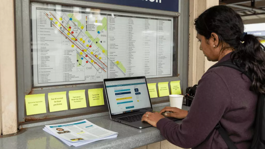a South Asian woman in her late 20s reviewing an IELTS online course workflow