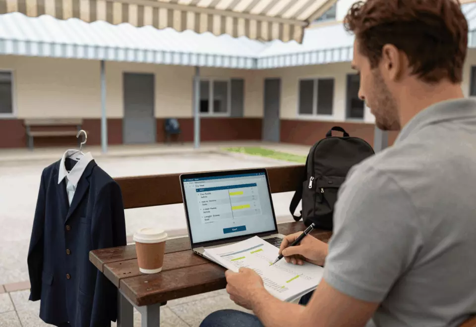 a white man in his early 30s choosing the next IELTS prep step online