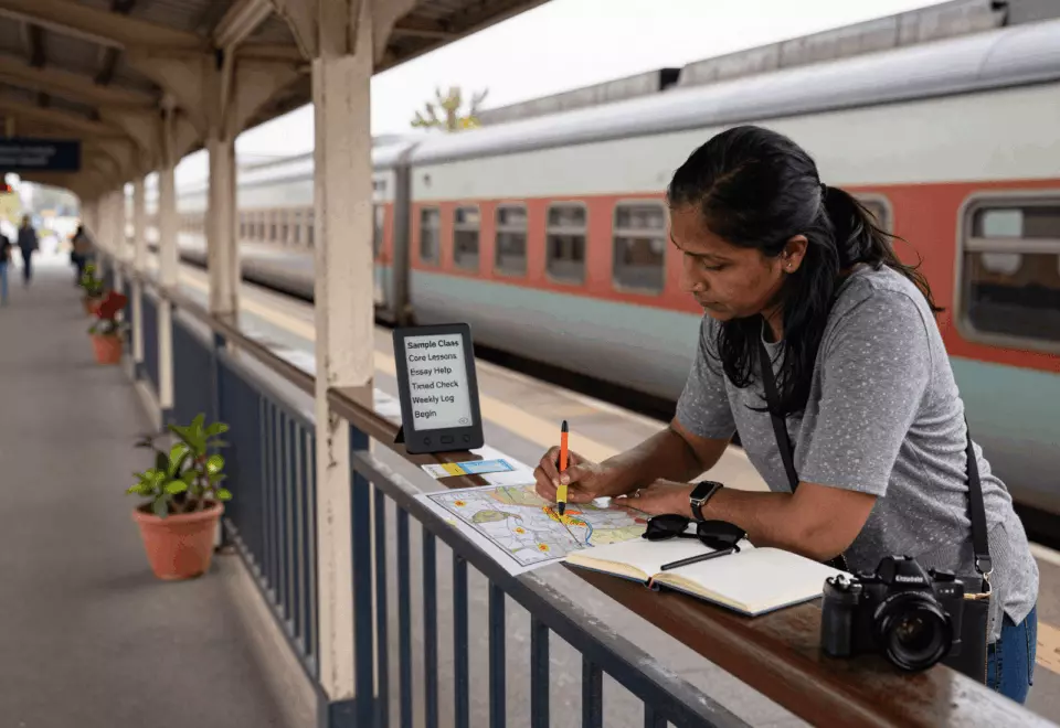 a South Asian woman in her late 20s choosing the next IELTS prep step online