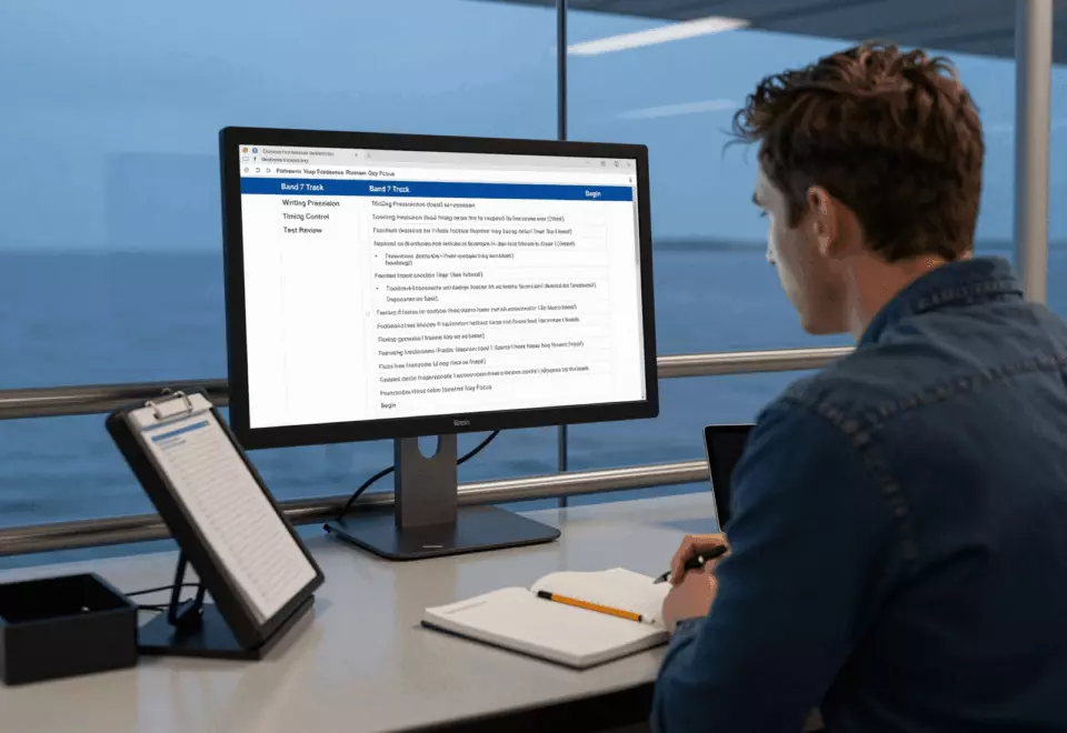 a white man in his early 30s choosing the next IELTS prep step online