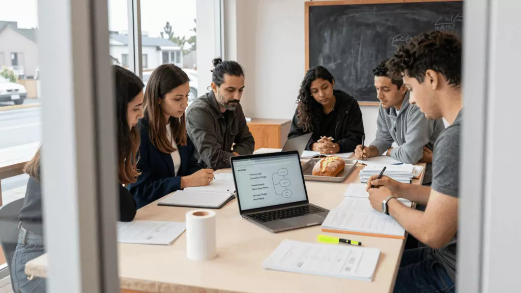a multiracial woman in her late 20s reviewing an IELTS online course workflow