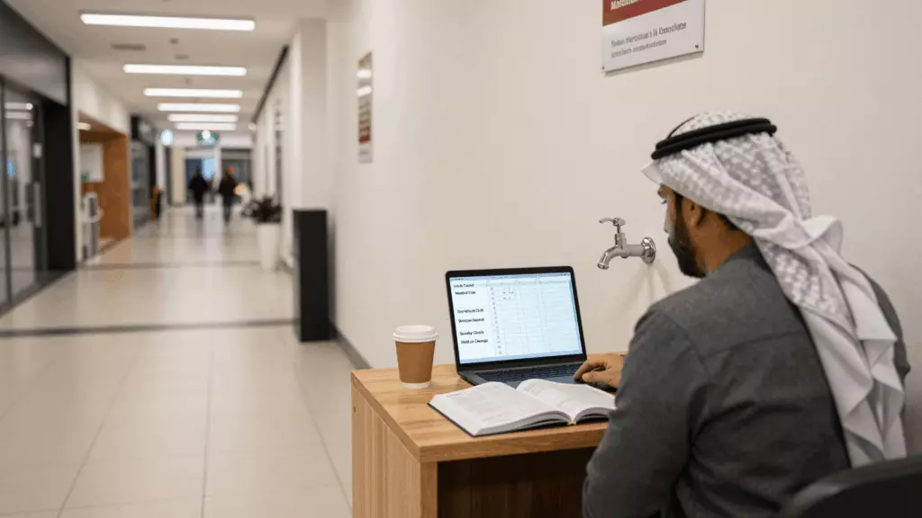 an Arab man in his early 30s reviewing an IELTS online course workflow