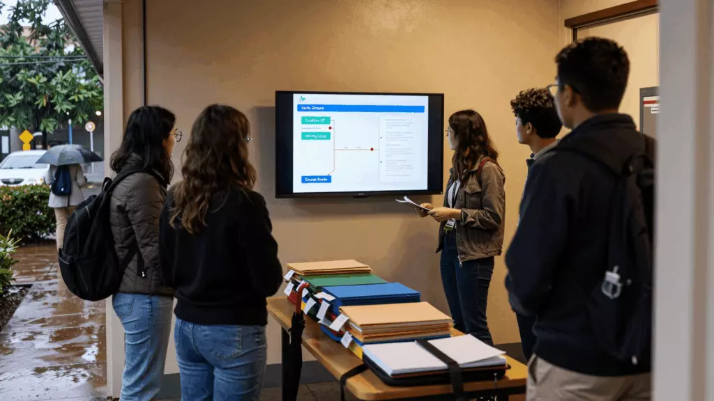 a multiracial woman in her late 20s reviewing an IELTS online course workflow