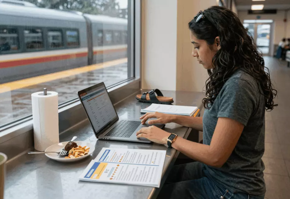 a Latina woman in her late 20s choosing the next IELTS prep step online