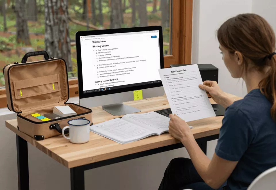 a white man in his early 30s choosing the next IELTS prep step online