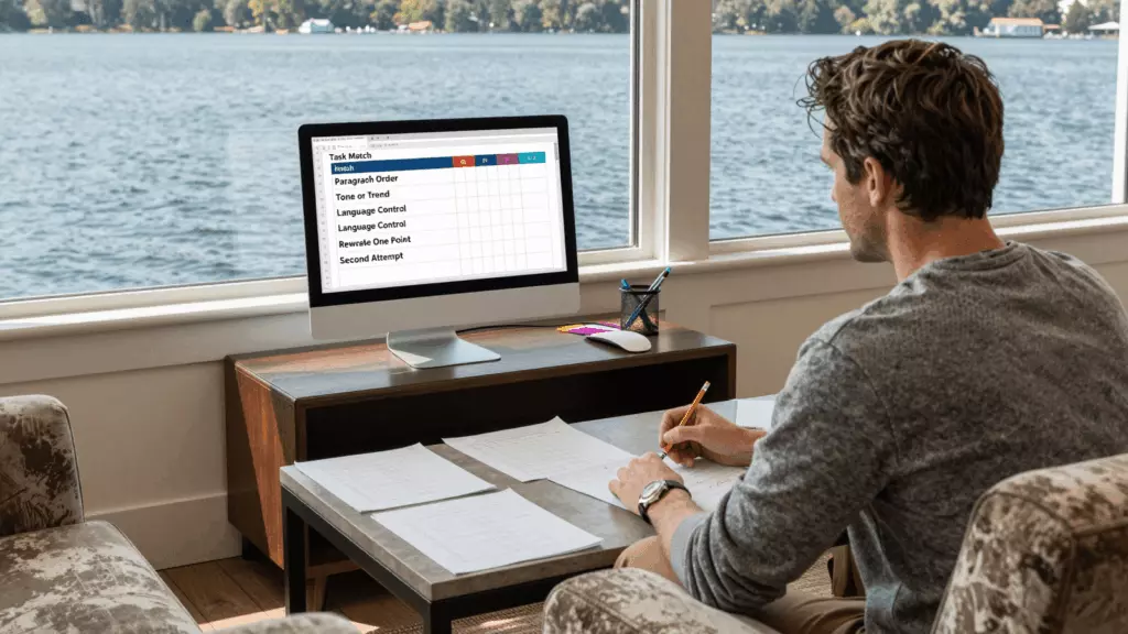 a white man in his early 30s reviewing an IELTS online course workflow