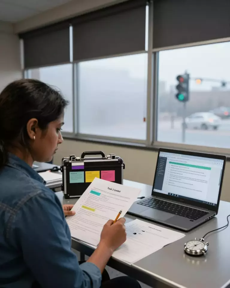 a South Asian woman in her late 20s preparing online for IELTS Writing Task 2 Course Guide: Essays, Ideas, Structure, and Band Scores