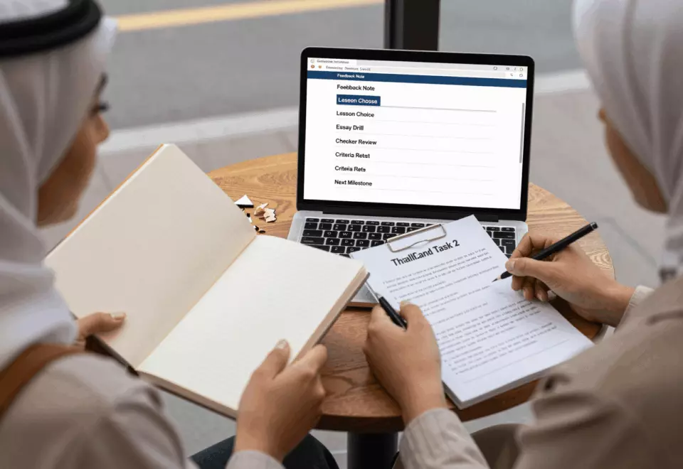 an Arab man in his early 30s choosing the next IELTS prep step online