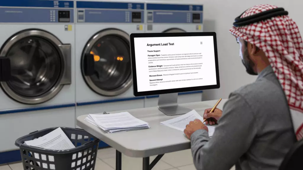 an Arab man in his early 30s reviewing an IELTS online course workflow
