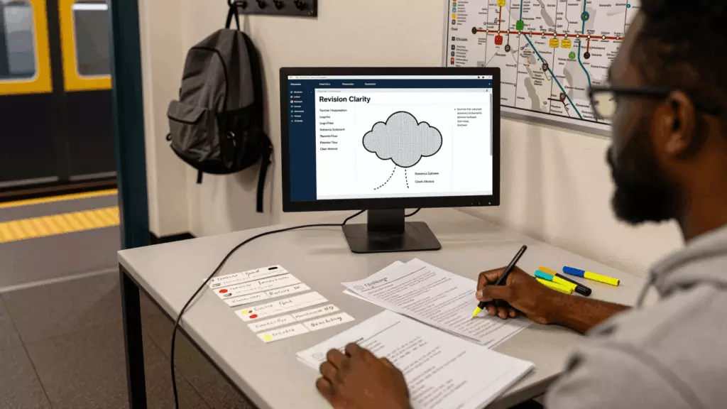 a Black man in his late 20s reviewing an IELTS online course workflow