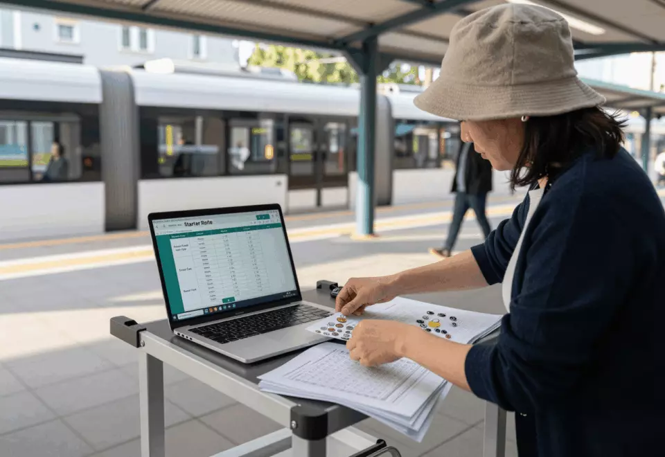 an East Asian woman in her late 20s choosing the next IELTS prep step online