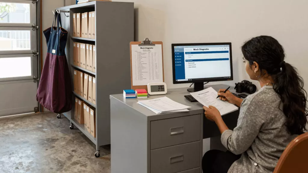 a South Asian woman in her late 20s reviewing an IELTS online course workflow