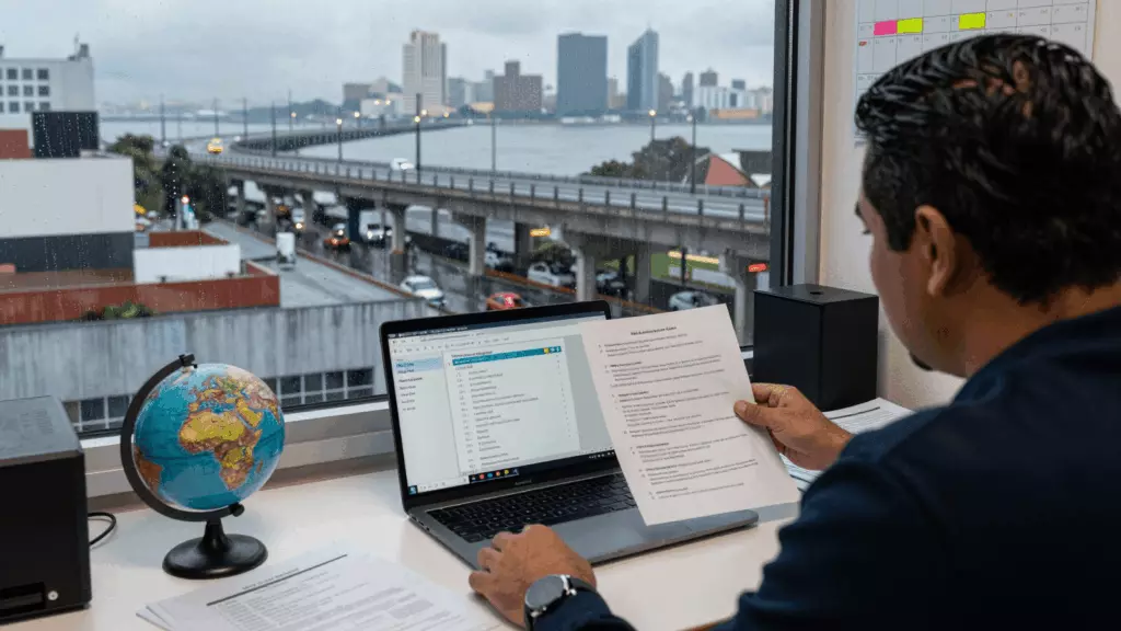 a Latina woman in her late 20s reviewing an IELTS online course workflow