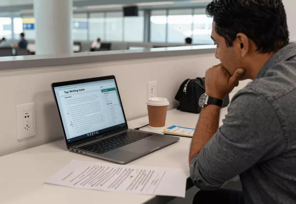 a Latina woman in her late 20s choosing the next IELTS prep step online