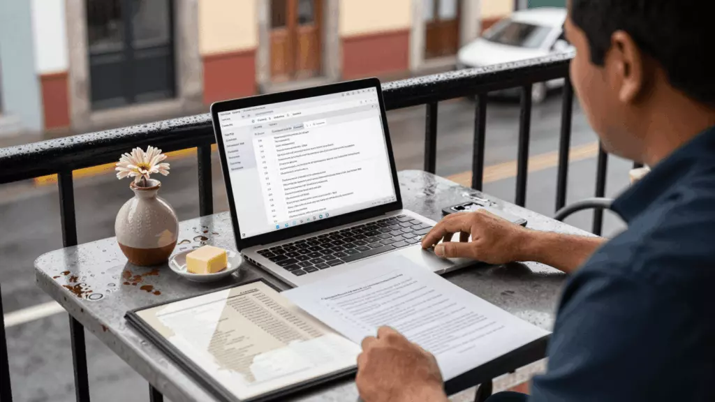 a Latina woman in her late 20s reviewing an IELTS online course workflow