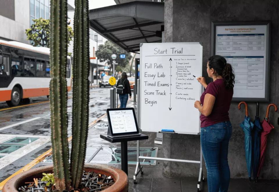 a Latina woman in her late 20s choosing the next IELTS prep step online