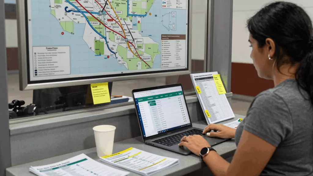 a Latina woman in her late 20s reviewing an IELTS online course workflow
